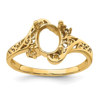 14k Polished Holds 2-1.6mm and 1-9x7 Oval Gemstone Filigree Ring Mounting