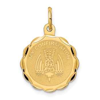 14k Polished and Satin Solid MY CONFIRMATION with Dove Scalloped Edge Round Disc Pendant