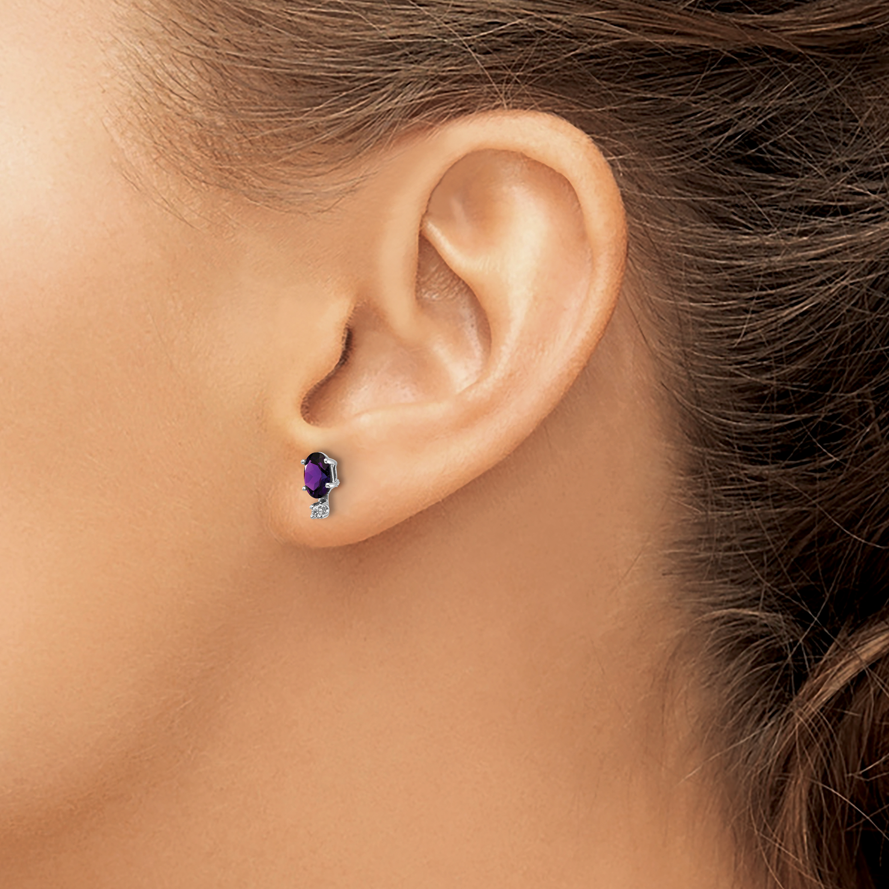 Diamond 5x3 Oval February Amethyst Birthstone Earrings Real 14k White Gold 7x3mm detailed image 3