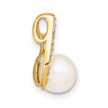 14k and Rhodium 7-8mm Button White Freshwater Cultured Pearl and Diamond Pendant — alternate view