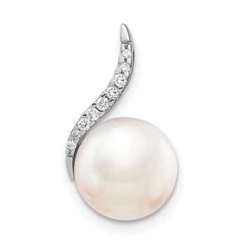 14k White Gold 9-10mm White Button Freshwater Cultured Pearl and Diamond Chain Slide