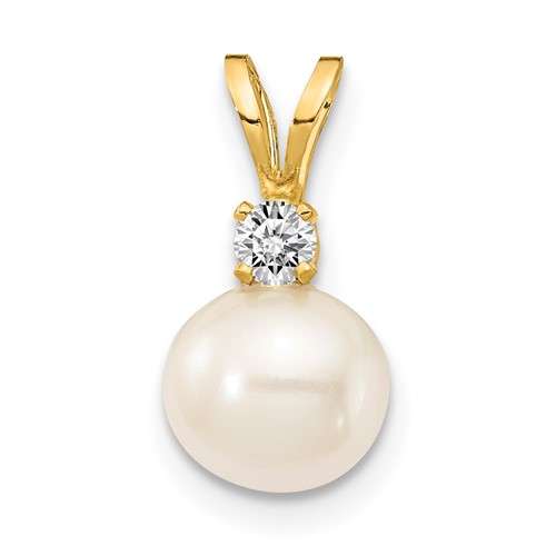 14k 6mm White FW Cultured Pearl AA Diamond Pendant