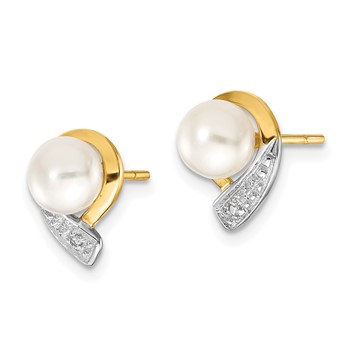 14k 5-6mm White Button Freshwater Cultured Pearl and .01 carat Diamond Post Earrings — alternate view