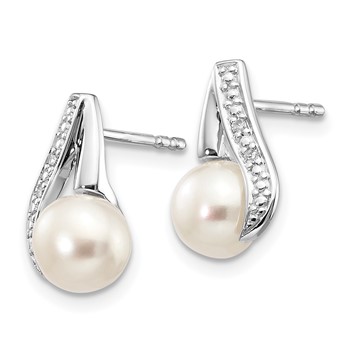 14k White Gold 6-7mm White Button Freshwater Cultured Pearl and .02 carat Diamond Post Earrings — alternate view