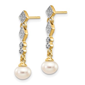 14k and White Rhodium 5-6mm Semi-round White Freshwater Cultured Pearl and .04 carat Diamond Dangle Post Earrings — alternate view