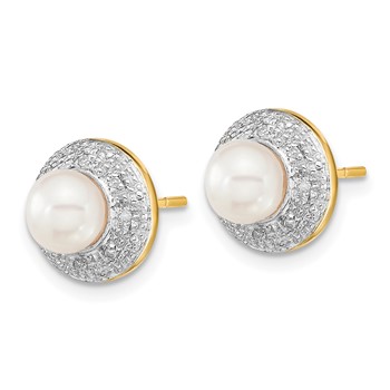 14k and White Rhodium 5-6mm White Button Freshwater Cultured Pearl and .05 carat Diamond Post Earrings — alternate view