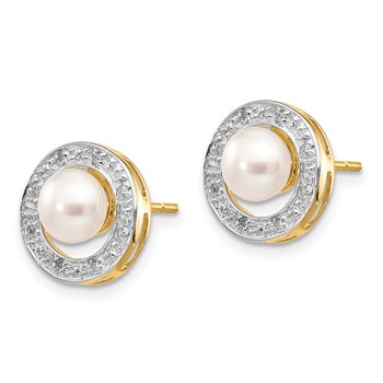 14k and White Rhodium 5-6mm White Button Freshwater Cultured Pearl and .05 carat Diamond Post Earrings — alternate view