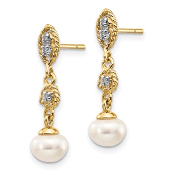 14k and White Rhodium 6-7mm Semi-round White Freshwater Cultured Pearl and .02 carat Diamond Dangle Post Earrings — alternate view