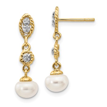 14k and White Rhodium 6-7mm Semi-round White Freshwater Cultured Pearl and .02 carat Diamond Dangle Post Earrings