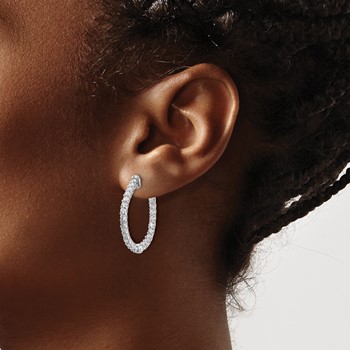 14k White Gold Diamond Round Hoop w/Safety Clasp Earrings — alternate view