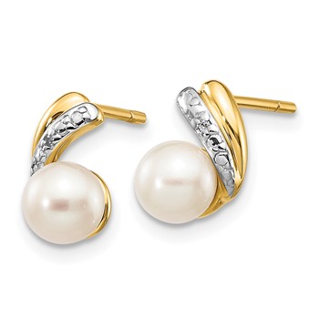 14k 5-6mm White Round Freshwater Cultured Pearl and .01 carat Diamond Post Earrings — alternate view