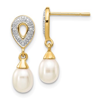 14k 7x5mm White Teardrop Freshwater Cultured Pearl and .01 carat Diamond Dangle Post Earrings