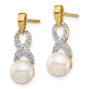 14k 6-7mm White Round Freshwater Cultured Pearl and .01 carat Diamond Ribbon Dangle Post Earrings — alternate view