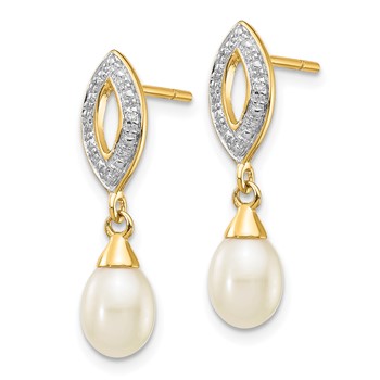 14k 7x5mm White Teardrop Freshwater Cultured Pearl and .01 carat Diamond Dangle Post Earrings — alternate view