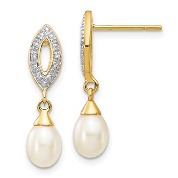 14k 7x5mm White Teardrop Freshwater Cultured Pearl and .01 carat Diamond Dangle Post Earrings