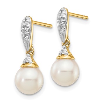 14k 6-7mm White Round Freshwater Cultured Pearl and .08 carat Diamond Dangle Post Earrings — alternate view