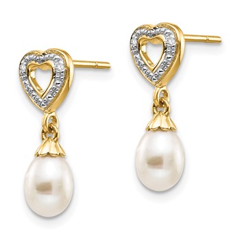 14k 7x5mm White Teardrop Freshwater Cultured Pearl and .01 carat Diamond Heart Dangle Post Earrings — alternate view