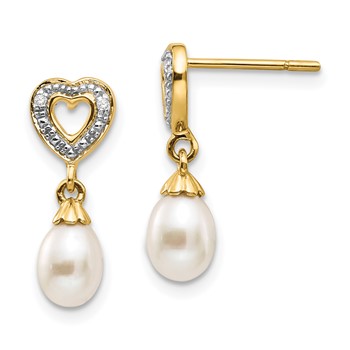 14k 7x5mm White Teardrop Freshwater Cultured Pearl and .01 carat Diamond Heart Dangle Post Earrings