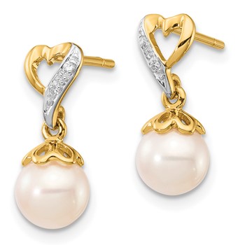 14k 6-7mm White Round Freshwater Cultured Pearl and .01 carat Diamond Heart Dangle Post Earrings — alternate view