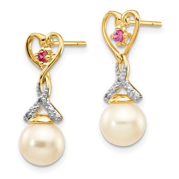 14k 7-8mm White Round Freshwater Cultured Pearl/Lab Created Ruby/.01 carat Diamond Heart Dangle Post Earrings — alternate view