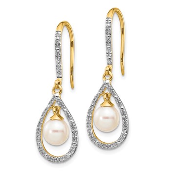 14k 6-7mm White Round Freshwater Cultured Pearl and .02 carat Diamond Shepherd Hook Dangle Earrings — alternate view