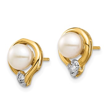 14k 5-6mm White Button Freshwater Cultured Pearl and .02 Carat Diamond Post Earrings — alternate view