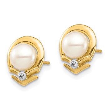 14k 5-6mm White Button Freshwater Cultured Pearl and .02 Carat Diamond Post Earrings — alternate view