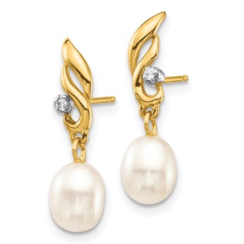 14k 5-6mm White Rice Freshwater Cultured Pearl and .02 Carat Diamond Post Dangle Earrings — alternate view