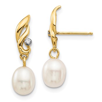 14k 5-6mm White Rice Freshwater Cultured Pearl and .02 Carat Diamond Post Dangle Earrings