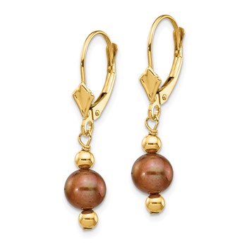 14k 5-6mm Brown Semi-round Freshwater Cultured Pearl Dangle Leverback Earrings — alternate view