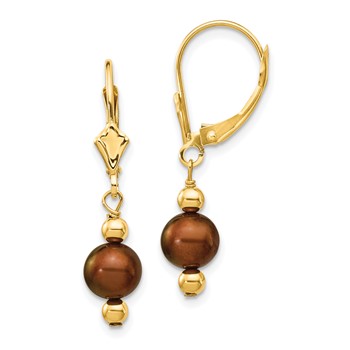14k 5-6mm Brown Semi-round Freshwater Cultured Pearl Dangle Leverback Earrings