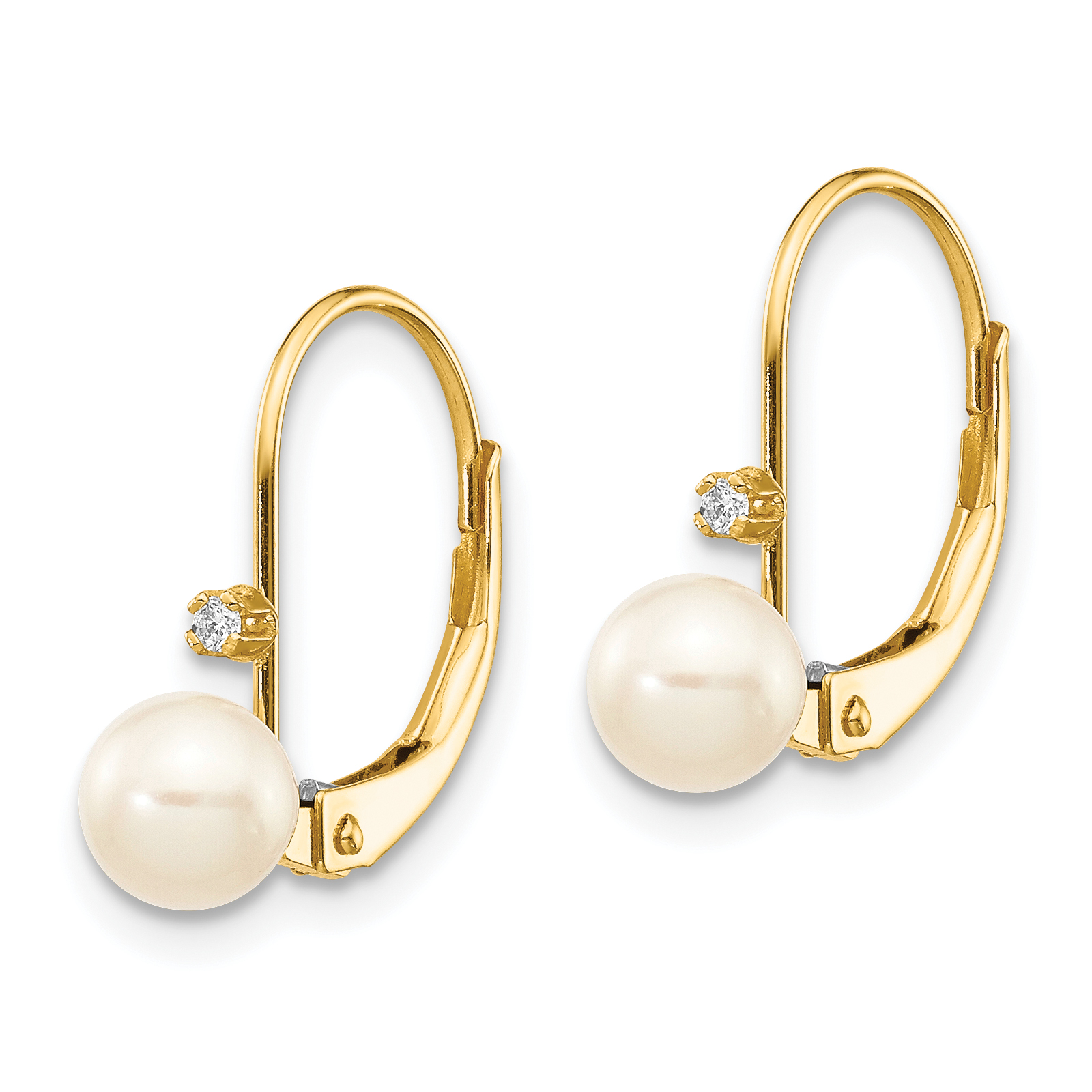 Diamond 5- Round Freshwater Cultured Pearl Earrings 14k Yellow Gold 16x6mm detailed image 2