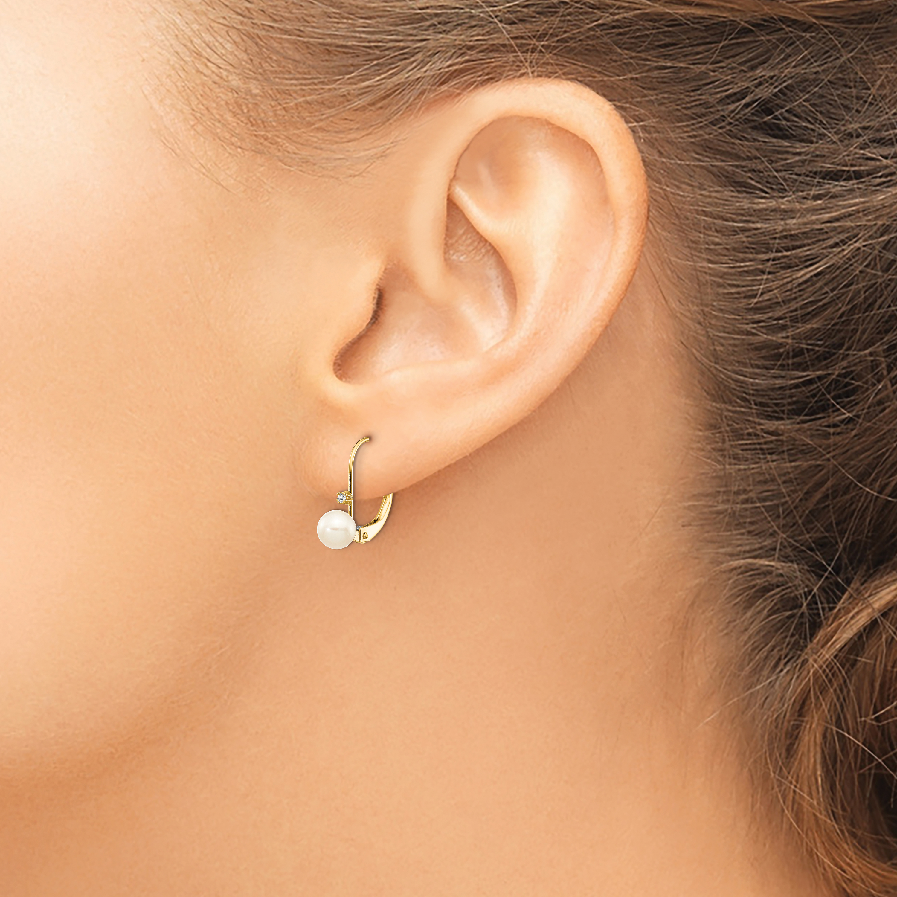 Diamond 5- Round Freshwater Cultured Pearl Earrings 14k Yellow Gold 16x6mm detailed image 3