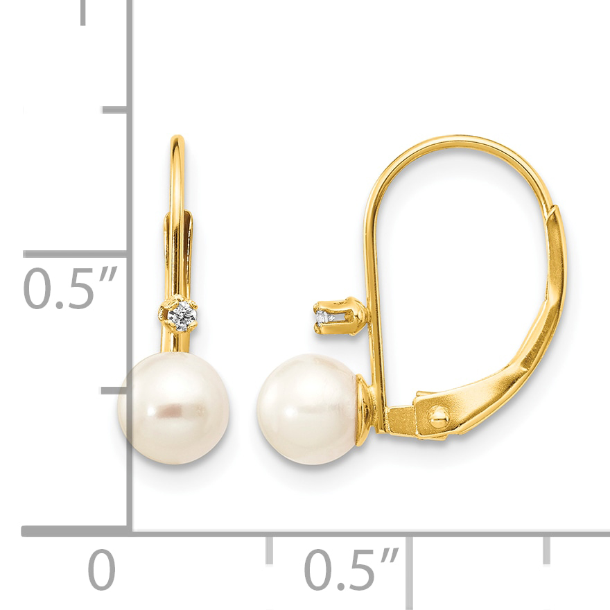 Diamond 5- Round Freshwater Cultured Pearl Earrings 14k Yellow Gold 16x6mm detailed image 4