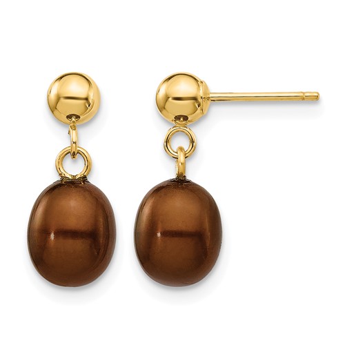 14k 6-7mm Brown Rice Freshwater Cultured Pearl Post Dangle Earrings