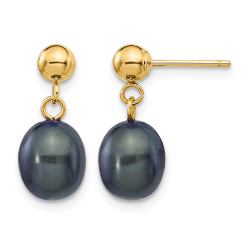 14k 7-8mm Black Rice Freshwater Cultured Pearl Post Dangle Earrings