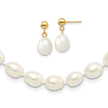 14k 7-8mm White Rice Freshwater Cultured Pearl 18 inch Necklace and Post Earring Set