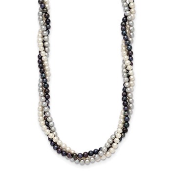 14k 6-7mm White/Gray/Black Near-Round Freshwater Cultured Pearl 3-Strand 18 inch Necklace — alternate view