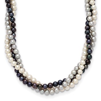14k 6-7mm White/Gray/Black Near-Round Freshwater Cultured Pearl 3-Strand 18 inch Necklace