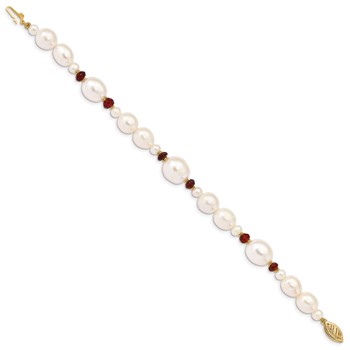 14K 6-7mm White Semi-Round and Rice Freshwater Cultured Pearl and Garnet Beads 7.25 inch Bracelet — alternate view