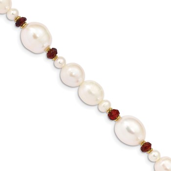 14K 6-7mm White Semi-Round and Rice Freshwater Cultured Pearl and Garnet Beads 7.25 inch Bracelet