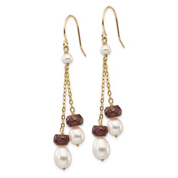 14k 6-7mm White Rice Freshwater Cultured Pearl and 4.0GA Garnet Double Chain Dangle Earrings — alternate view