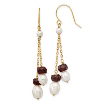14k 6-7mm White Rice Freshwater Cultured Pearl and 4.0GA Garnet Double Chain Dangle Earrings