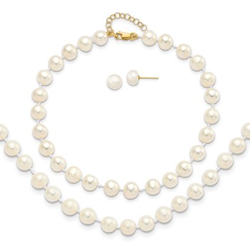 14k 6-7mm White Round Freshwater Cultured Pearl 7.25 inch with 1 Extender Bracelet/18 inch with 2 inch Extender Necklace/Button Earrings Set
