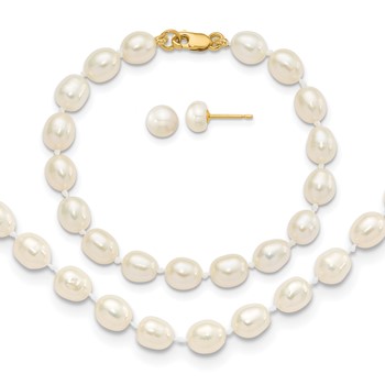 14k 5-6mm White Freshwater Cultured Pearl 14 inch Necklace / 5 inch Bracelet / Post Earrings 3-piece Set