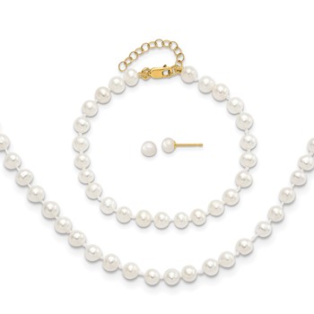 14k 4-5mm White Freshwater Cultured Pearl 14 inch Necklace with 1 inch Extender/5 inch Bracelet with 1 inch Extender/Post Earrings Set