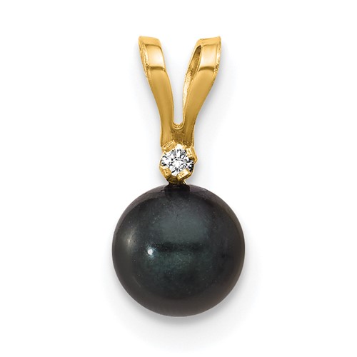 14k 5-6mm Black Round Saltwater Akoya Cultured Pearl Diamond Pendant