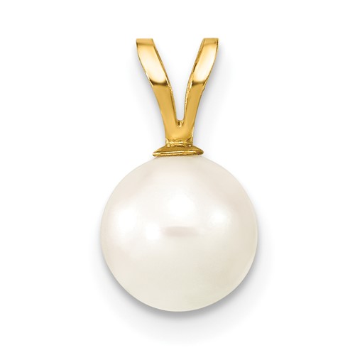 14k Gold 7-8mm Round White Saltwater Akoya Cultured Pearl Pendant