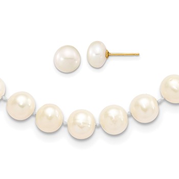 14k 7-8mm White Near-Round Freshwater Cultured Pearl 18 inch with 2 inch Extension Necklace and Button Earrings Set