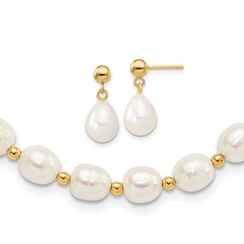 14k 7-8mm White Rice Freshwater Cultured Pearl 18 inch Necklace and Bead Post Dangle Earring Set